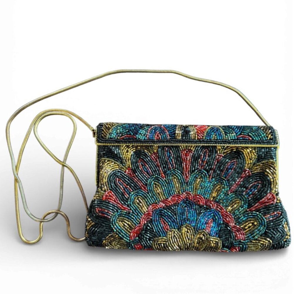 Vintage Beaded Clutch/Shoulder Bag with Gold-Tone Chain Peacock Pattern